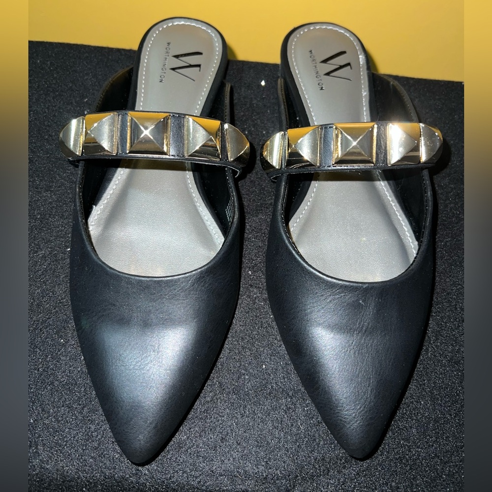 Worthington Black Mules with Gold Studded Strap